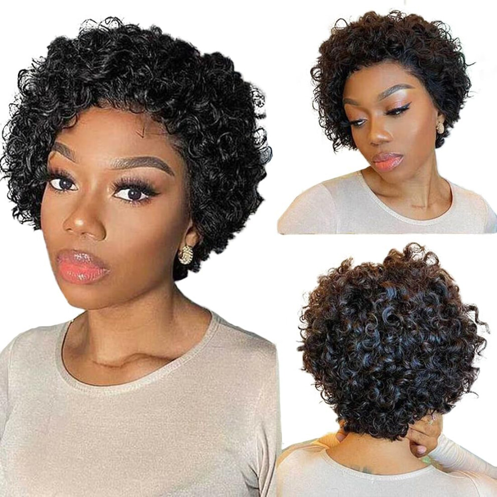 Kiqibeauty Unisex Black Pixie Cut Lace Front Wigs Human Hair 13X1 Short Curly Bob Human Hair Wigs For Women