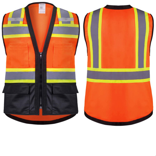 ProtectX High Visibility Safety Vest with Reflective Strips  Front Zipper  Multi-Function with 6 Pockets  Lightweight Breathable Construction Vest  AN 1