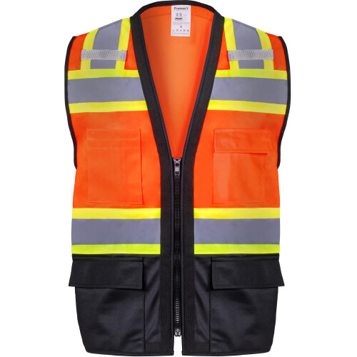 ProtectX High Visibility Safety Vest with Reflective Strips  Front Zipper  Multi-Function with 6 Pockets  Lightweight Breathable Construction Vest  AN