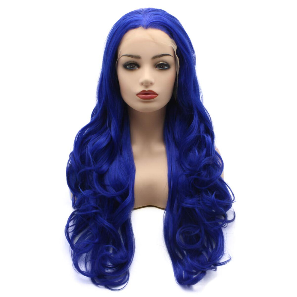Meiyite Unisex Blue Hair Wavy Long 26Inch Navy Synthetic Lace Front Wigs