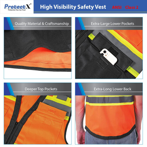 ProtectX High Visibility Safety Vest with Reflective Strips  Front Zipper  Multi-Function with 6 Pockets  Lightweight Breathable Construction Vest  AN 2