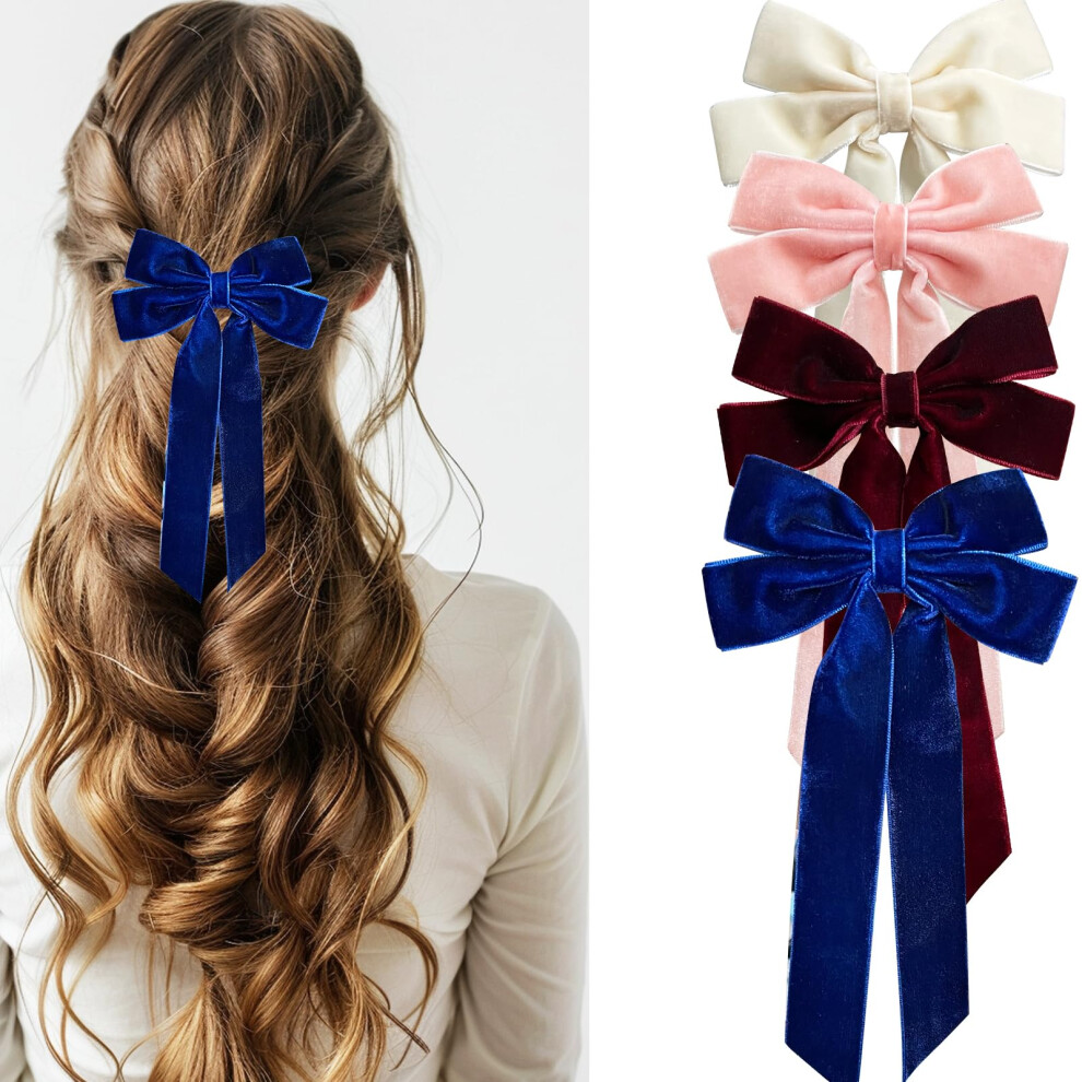 Jseng 4 St Ck Samt-Haarschleifen F R Damen, Samt-Haarspangen, Beige, Rosa, Rot, Blau, Schleifen F R Haare, Metallklammern-image