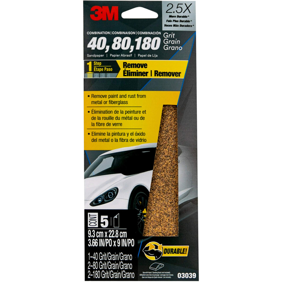 3M Sandpaper  03039  Assorted Grits (40  80  120)  3 2/3 in x 9 in  5 Sheets