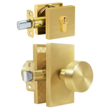 HIEMEY Gold Door Knob with Deadbolt Satin Brass Door Knob and Single Cylinder Deadbolt Lock Set