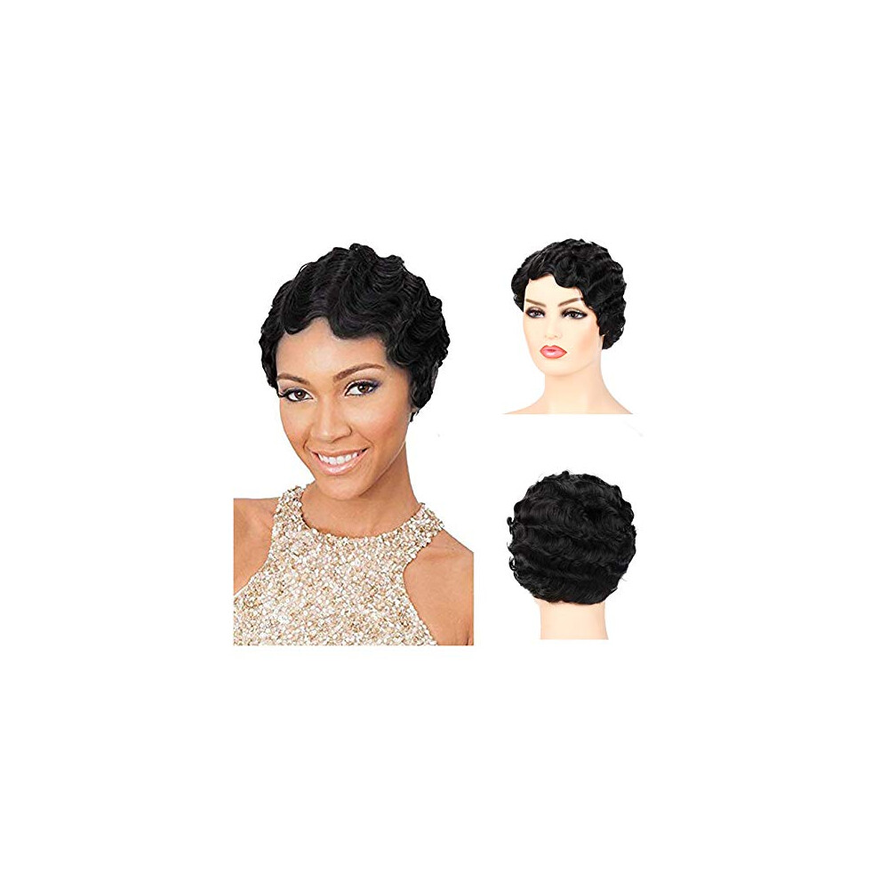 Baruisi Unisex Black Short Nuna Wigs Pixie Wigs For Women Synthetic Finger Wave Curly Hair Wig