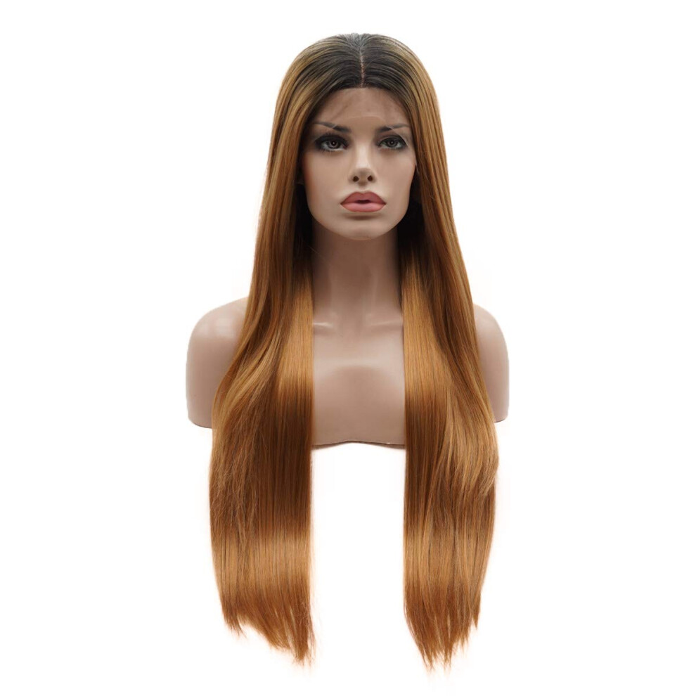 Lushy Unisex Dark Hair Synthetic Lace Front Wig Straight Extra Long 28Inch Root Blonde Ombre Wig Heat Resistant Heavy Density Realistic Wig