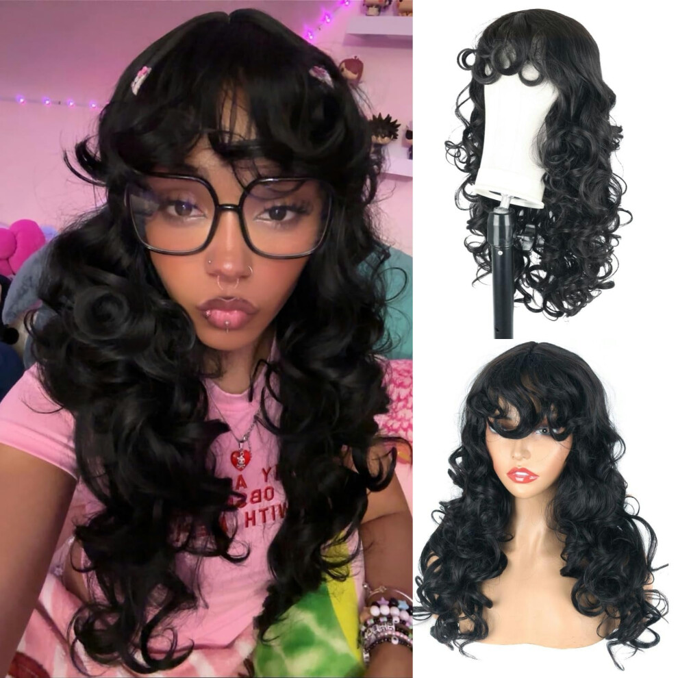 Oseti Unisex Black Long Curly Wig With Bangs Kinky Curly Layered Fluffy Shag Wig Synthetic Hair Wigs For Women Party Cosplay Use 24Inch Long Curly Mess