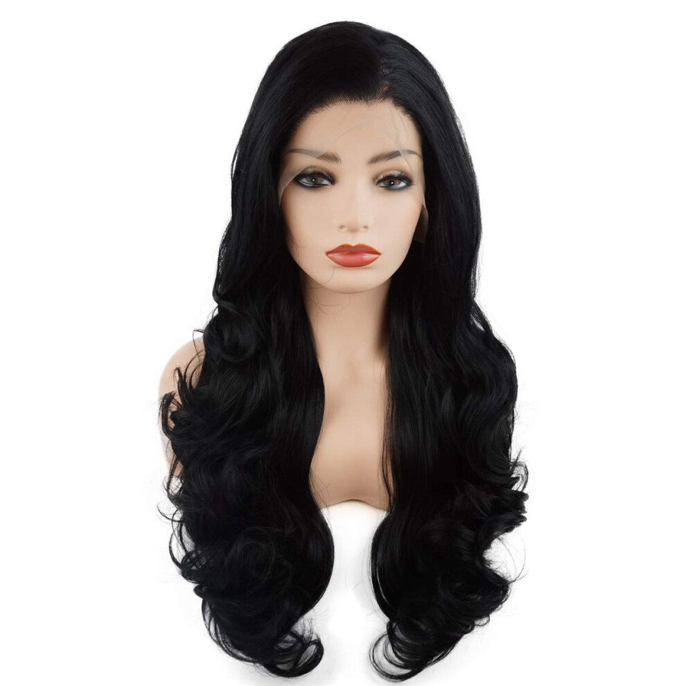 Meiyite Unisex Black Hair Wavy Long 26Inch Half Hand Tied Heavy Density Realistic Synthetic Lace Front Wigs