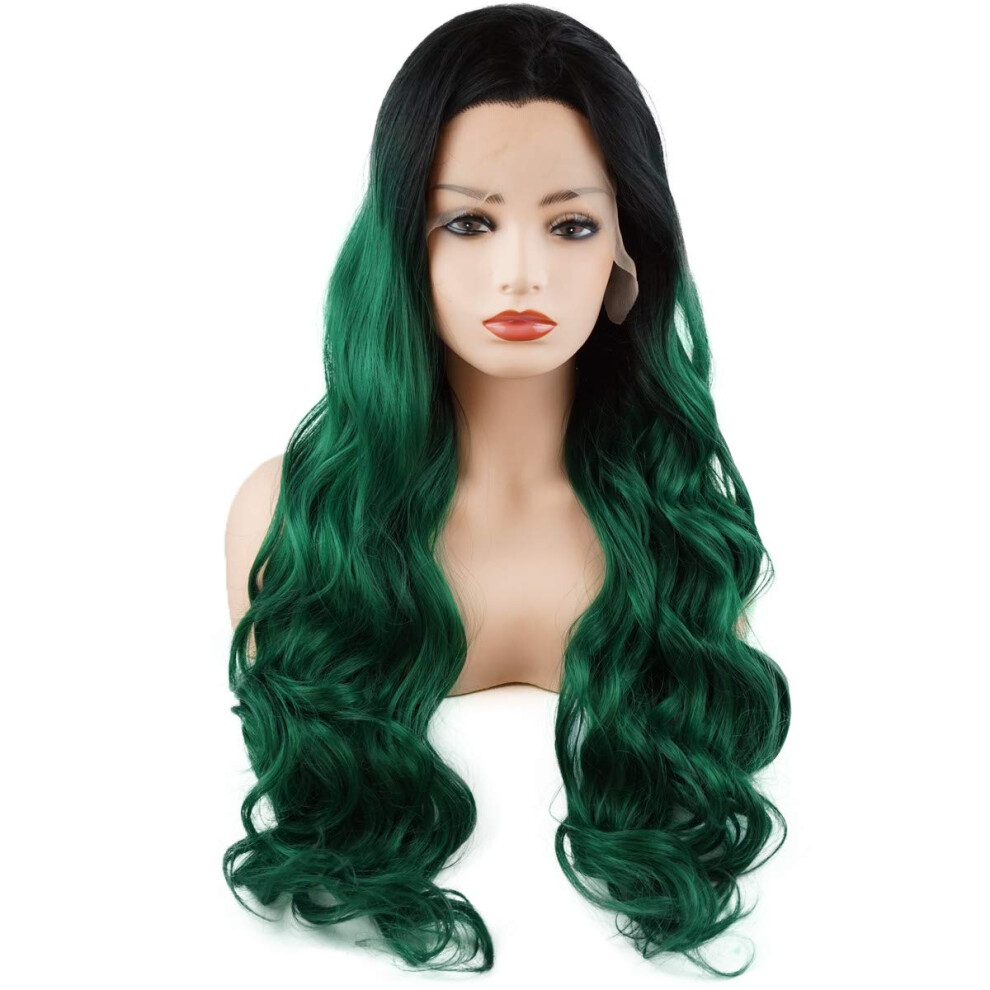 Meiyite Unisex Green Hair Wavy Long 26Inch Dark Root Ombre Heavy Density Realistic Synthetic Lace Front Wigs