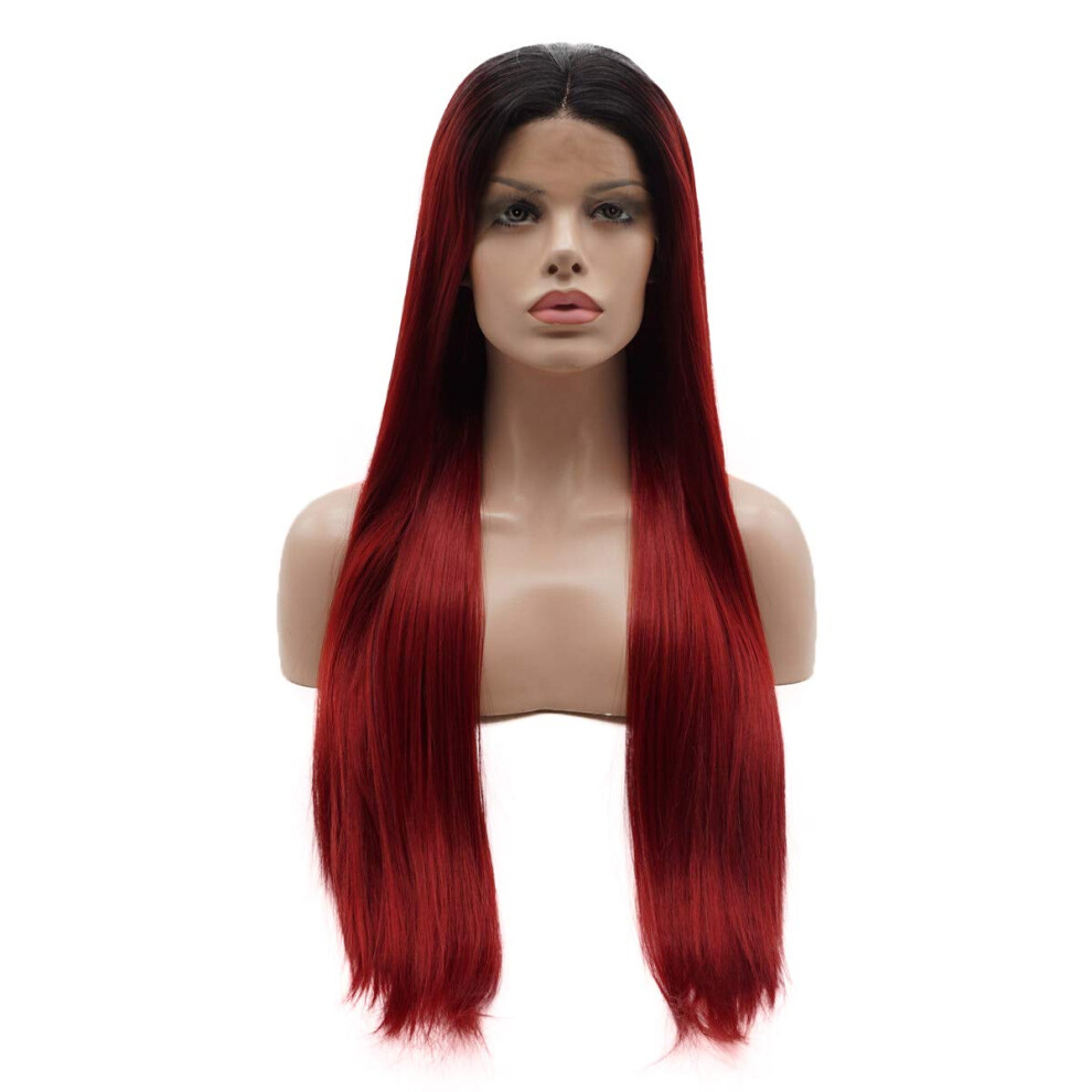 Lushy Unisex Red Hair Synthetic Lace Front Wig Straight Long 24Inch Dark Root Dark Ombre Wig Heat Resistant Heavy Density Realistic Wig