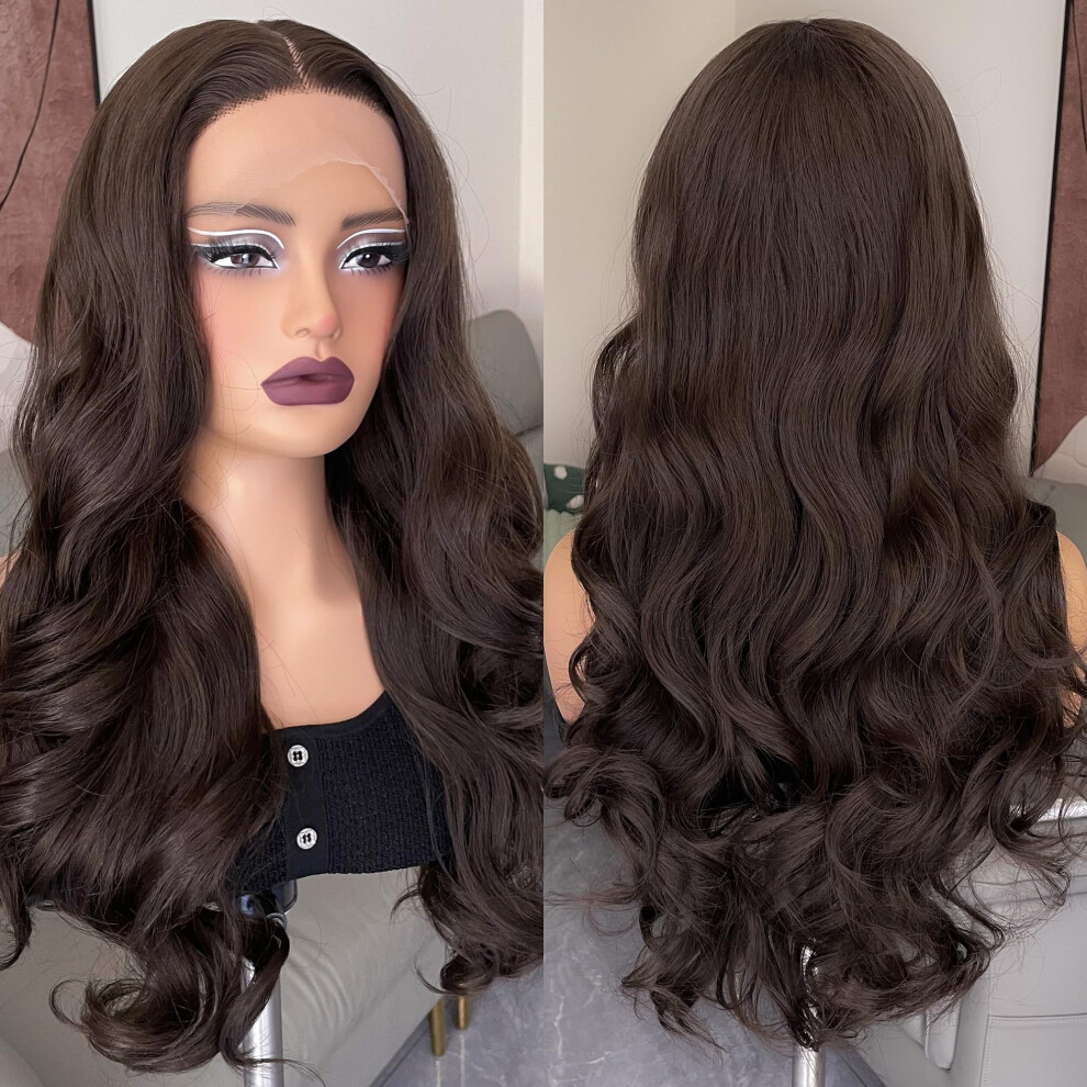 Zavide Dark Brown Synthetic Lace Wig Brown Black Pre Plucked Natural Hairline Hd Lace 180% Density Body Wave Wig For Women