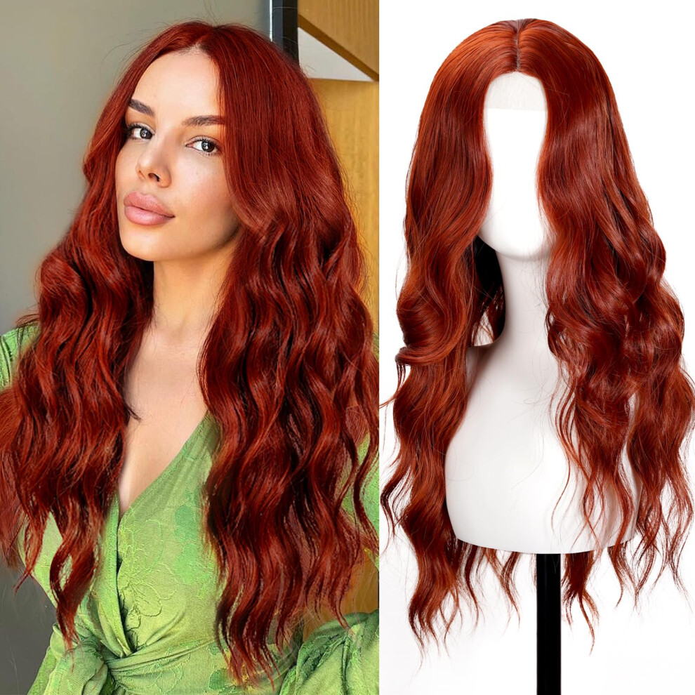 Shinlea Unisex Red Auburn Wig For Women 26 Inch Long Wavy Lace Hairline Middle Part Natural Looking Synthetic Heat Resistant Fiber Wigs For Daily Party Hallow