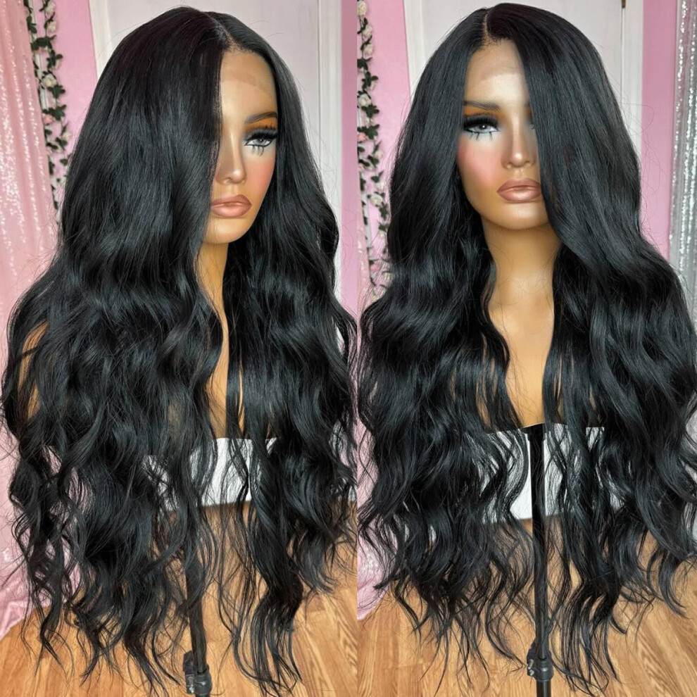 Seykiki Black Wigs For Women Synthetic Lace Front Wig Pre Plucked With Baby Hair 26 Inch Long Wavy Middle Part Wig 13X4x1 Glueless Wig Ready To Wear
