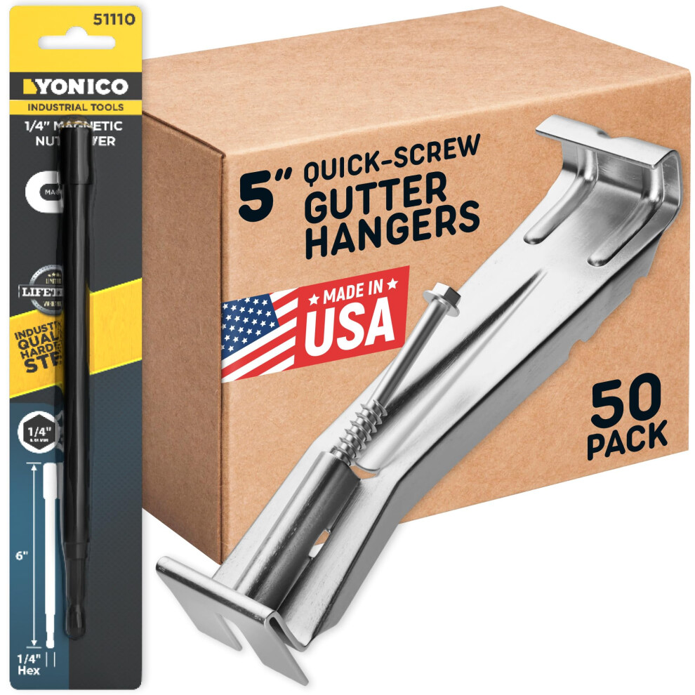 Quick Screw Gutter Hangers 5 Inch- 50 Pack - 5 Inch Gutter Clips With Bonus 6 Inch Drill Bit - Hidden Bracket Clips With Pre-Assembled Screw - Fix Sag 724456497176