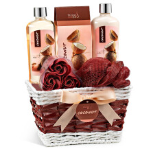 Coconut Spa Gift Basket 6 rszes frdo- s testkszlet tusfrdovel testpolval, frdoskkal, szappan virgokkal, frdoszivacs fonott kosrban Valent