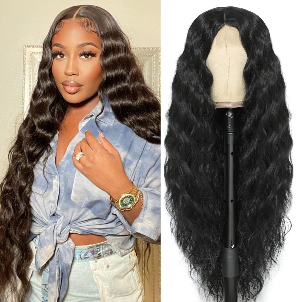 Marchqueen 32"""" Long Curly Synthetic Wigs For Black Women Fake Scalp Wig Deep Wave Lace Front Wig Middle Part Natural Looking Color 1B#
