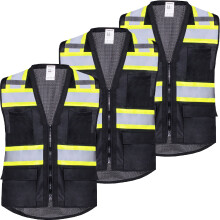ProtectX 3 Pack 6 Pockets High Visibility Zipper Front Safety Vest with Reflective Tape Strips Lightweight & Solid Front Mesh Back ANSI/ISEA Certif