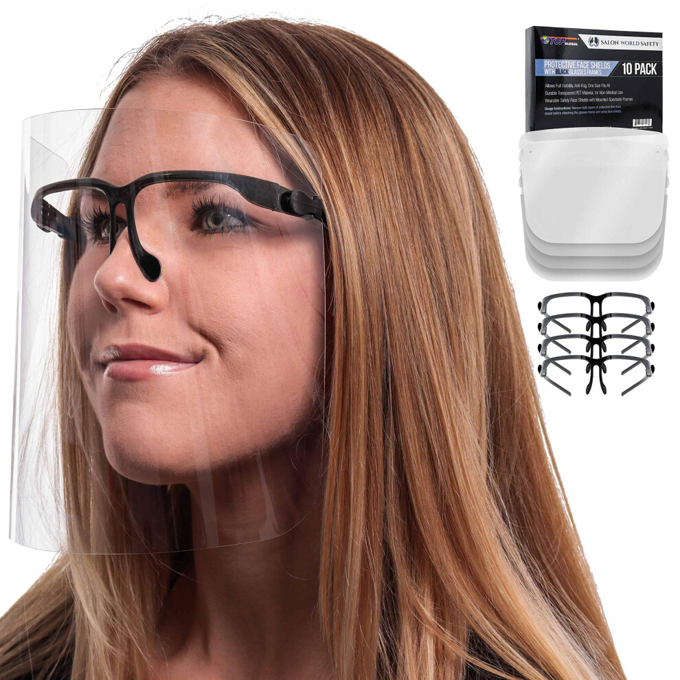 Tcp Global Salon World Safety Face Shields With Black Glasses Frames (Pack Of 10) - Ultra Clear Protective Full Face Shields To Protect Eyes Nose Mo 848849070477