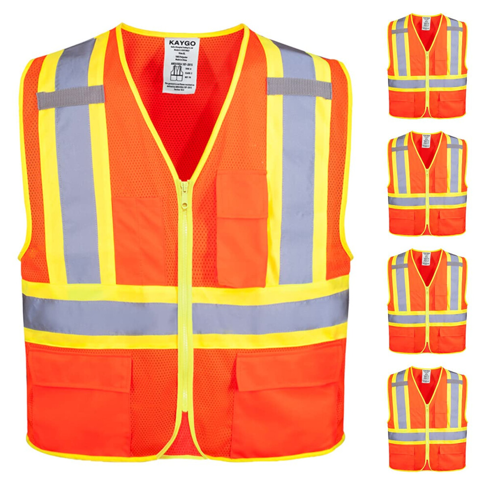 Kaygo Safety Vest With Pockets - High Visibility Reflective Vest Ansi Class 2 Construction Vest (Type R Not Fr) Kg0100 (M Orange 5 Pcs) 6975045663371
