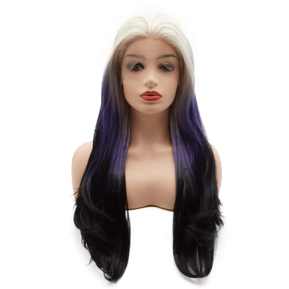 Meiyite Unisex Black,Purple Hair Wavy Long 24Inch Blonde Root Purple Black Ombre Wig Heavy Density Realistic Synthetic Lace Front Wig