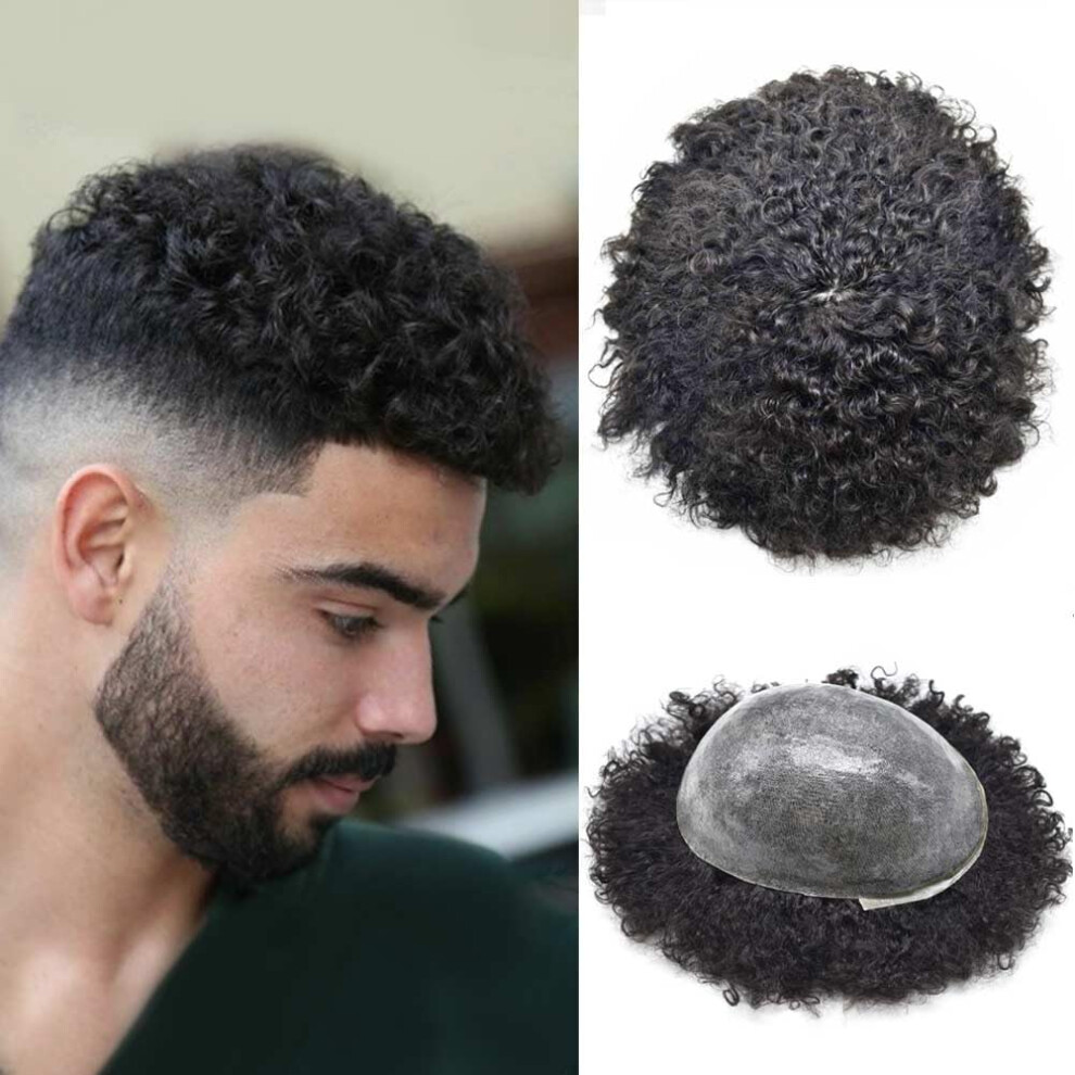 Hair Wonders Unisex Black Afro Toupee For Men Real Human Hair Afro Mens Toupee Kinky Curly Hair Pieces Man Weave Hair Unit Men Hair Piece African Ameri