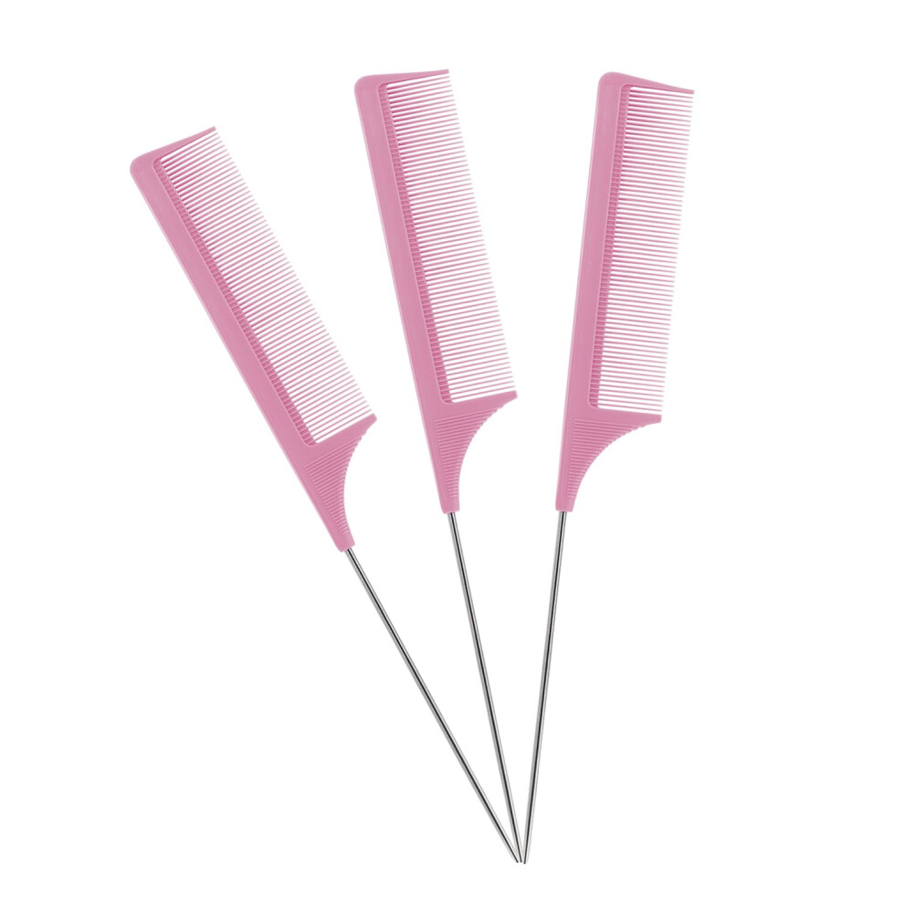 Set Di 3 Pettini Per Capelli Con Manico In Acciaio Inossidabile Per Ragazze E Donne, Perfetti Per Separare I Capelli (Rosa)-image
