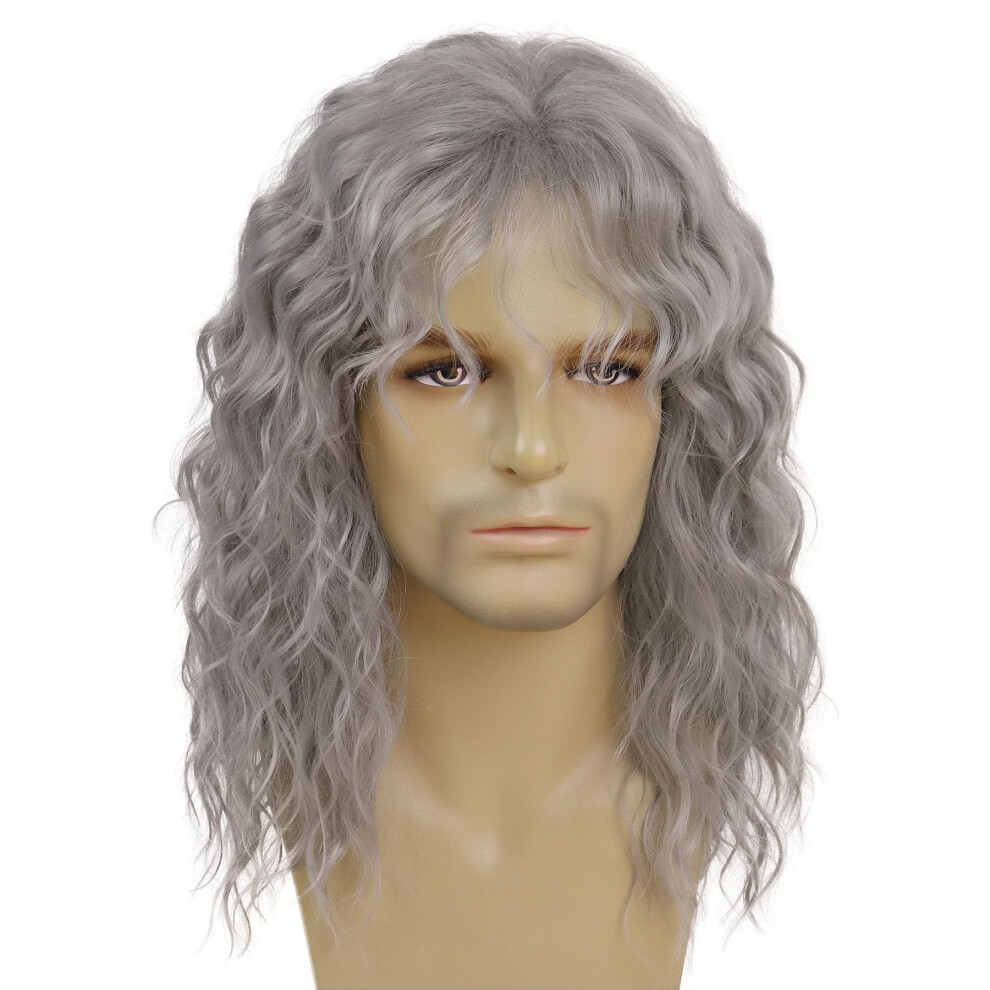 Gnimegil Unisex Grey Long Curly Wavy Wigs For Men Synthetic Natural Party Halloween Cosplay Hair Wig With Bangs