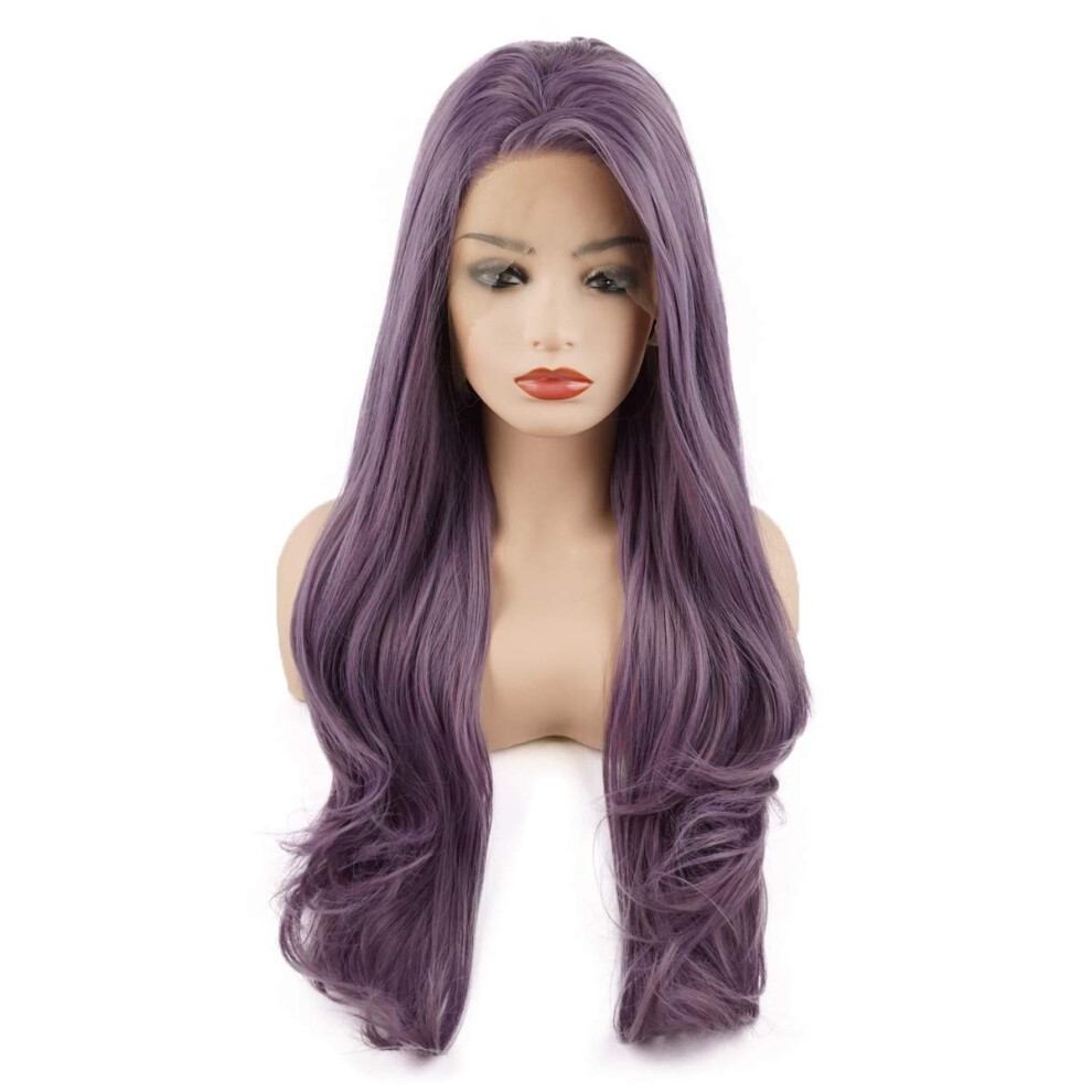 Meiyite Unisex Purple Hair Wavy Long 26Inch Mix Heavy Density Realistic Synthetic Lace Front Wig