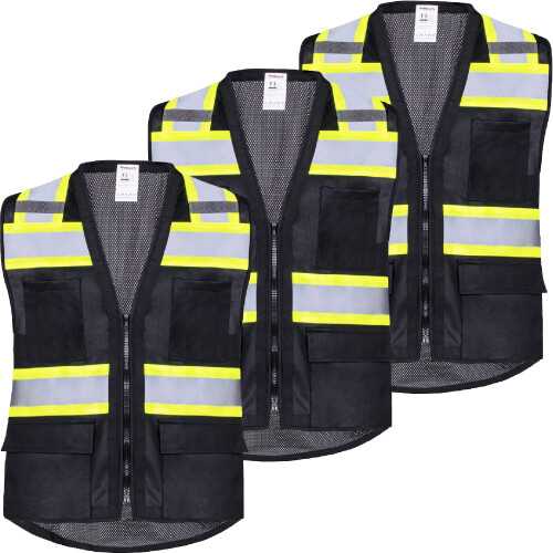 ProtectX 3 Pack 6 Pockets High Visibility Zipper Front Safety Vest with Reflective Tape Strips Lightweight & Solid Front Mesh Back ANSI/ISEA Ce