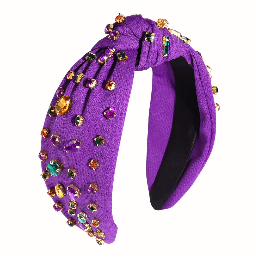 Cenapog Unisex Rhinestone Knotted Mardi Gras Headband For Women Sparkly Crystal Embellished Hairbands Twist Turban Headband Elastic Wide Velvet Hair Hoop Par