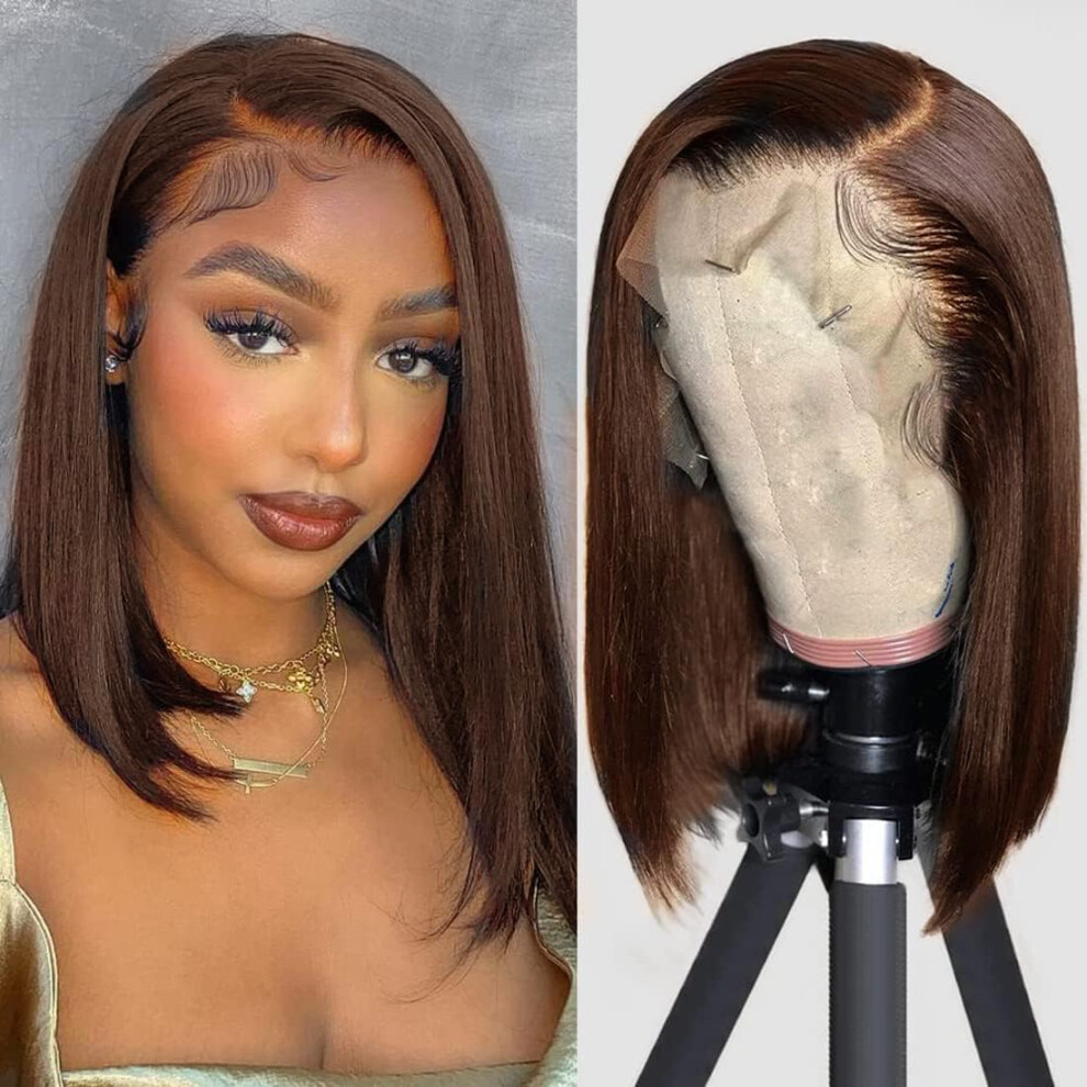 Sexay Unisex Brown Bob Wig Human Hair 13X4 Hd Lace Front Wig 100% Unprocessed Brazilian Virgin Human Hair #4 Bob Wigs Pre Plucked Natural Hairline With Baby