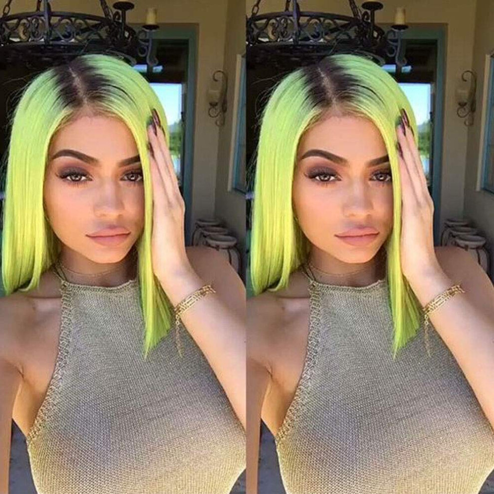 Kalisa Unisex Green Ombre Short Bob Wig Neon Lace Front Bob Wigs For Women Synthetic Bob Wig With Dark Roots Heat Resistant Fiber Cosplay Drag Queen Sh