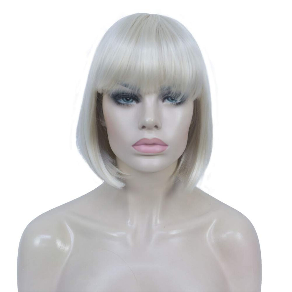 Aimole Unisex Short Straight Bob Wig Cute Flat Bangs Synthetic Full Women Wigs (614-Pale Blonde)