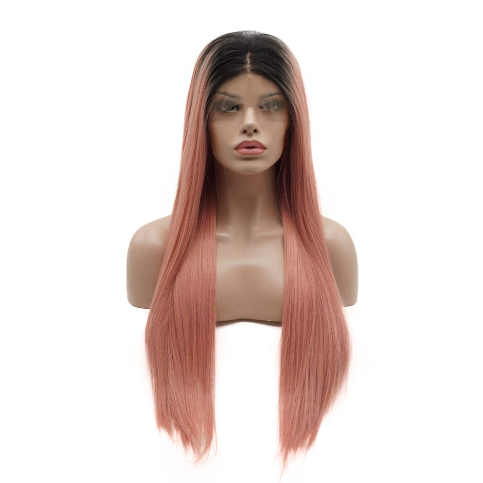 Lushy Unisex Pink Hair Synthetic Lace Front Wig Straight Long 24Inch Dark Root Ombre Wig Heat Resistant Heavy Density Realistic Wig