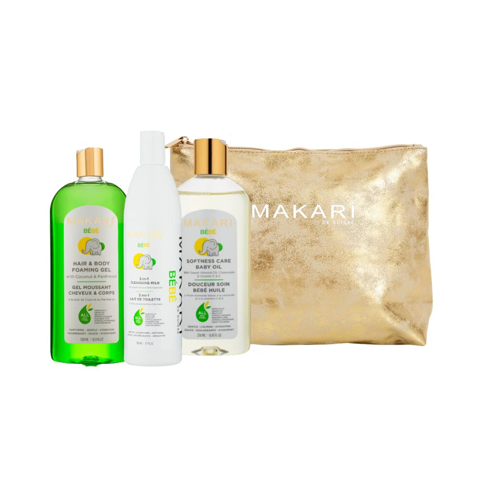 MAKARI Bebe 3 Piece Shower Gift Set - Foaming Gel  Cleansing Milk & Oil  Gentle  Nourishing & Calming Bath Routine for Newborn and Up  Hypoallergenic