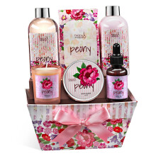 Peony Floral Spa Basket - 7-Piece Bath and Body Gift Set for Women with Shower Gel Body Lotion Body Scrub Body Oil Bath Salt and Scented Candle -