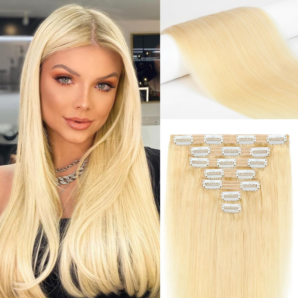 Leterly Unisex Clip In Hair Extensions Real Human Hair 14 Inch 7Pcs Straight Remy Human Natural Hair Invisible Clip Ins For Women Gift Bleach Blonde