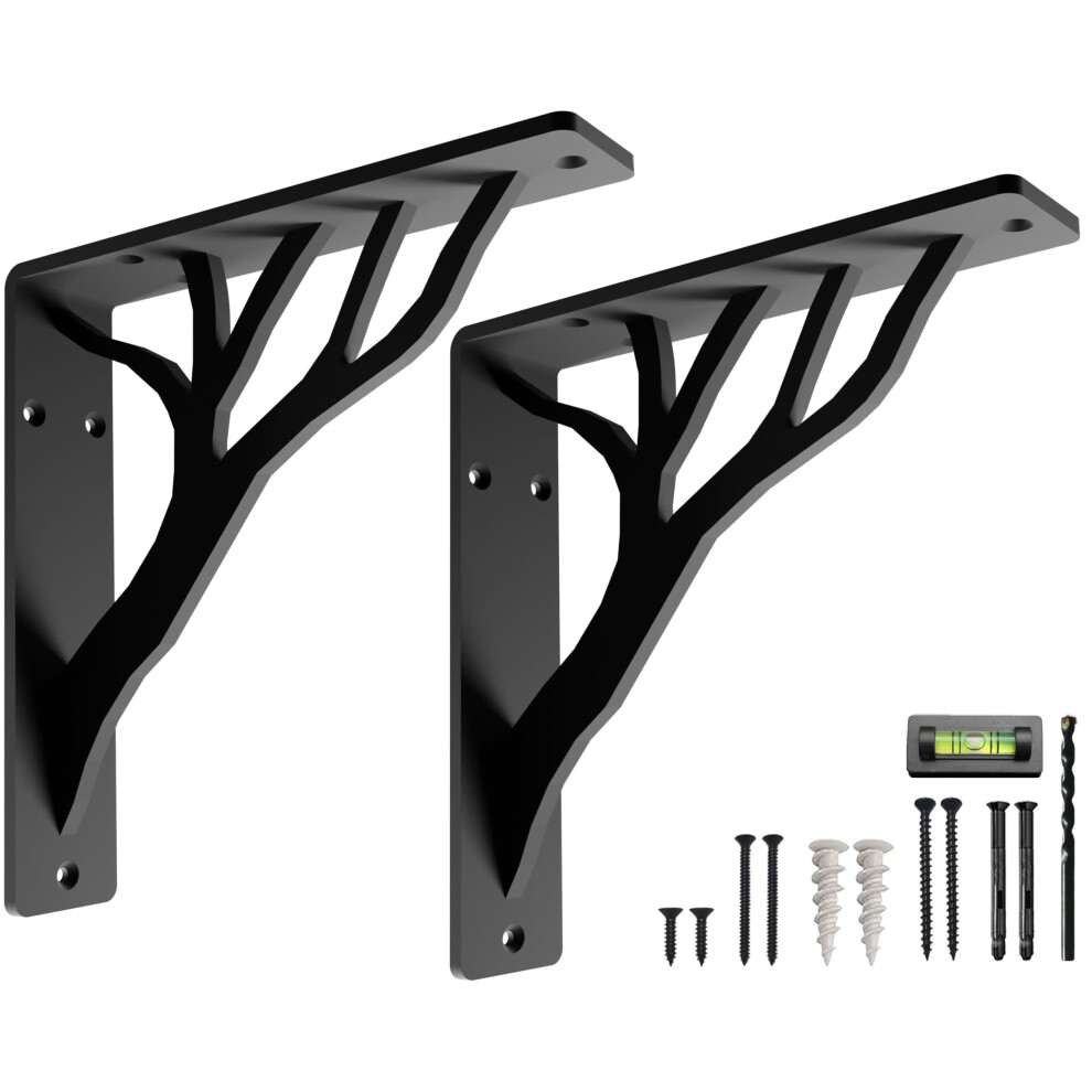 Rustic Tree Shelf L Brackets By Balin Designs (Black) For 8 -10 Shelves - Heavy-Duty Decorative Metal Fireplace Mantel Bracket Supports - Easy Instal 5065017190590