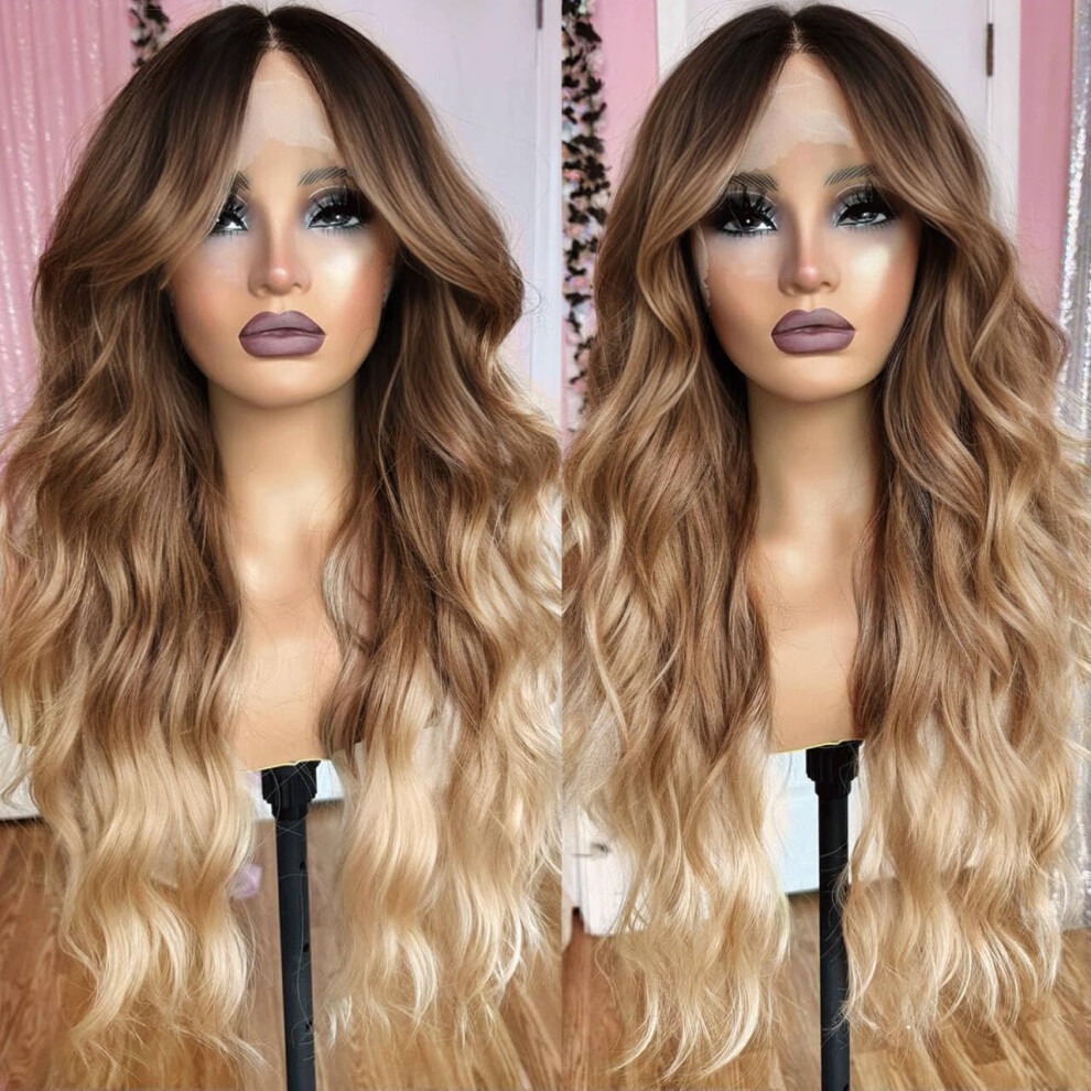 Seykiki Unisex Black Ombre Blonde Wig Synthetic 13X4x1 Lace Front Wigs For Women 26 Inch Long Wavy Glueless Wig Ready To Wear Pre Plucked With Baby Hair