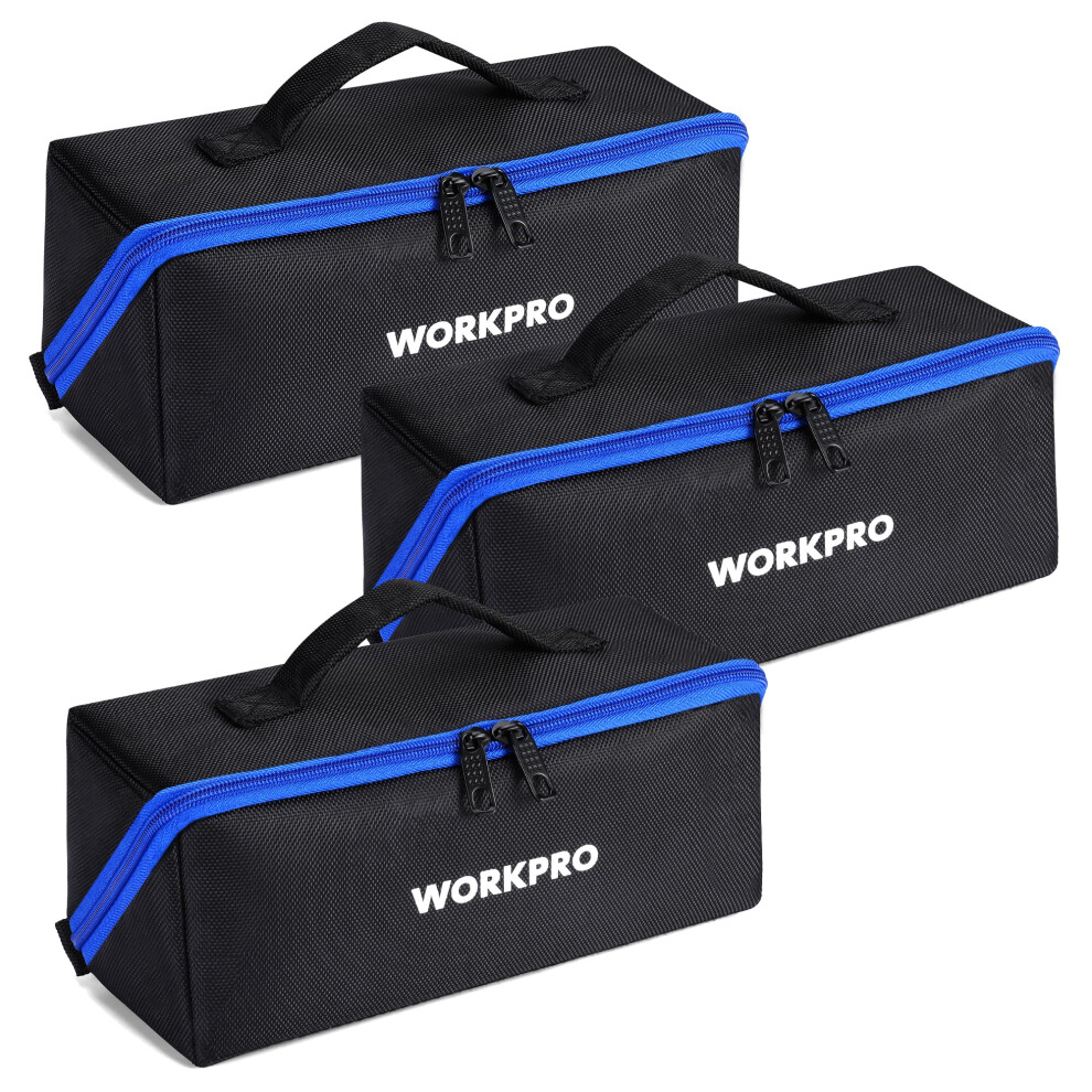 Workpro Tool Bag With Zipper 10"""" Utility Wide Mouth Heavy Duty Tool Storage Bag Multipurpose Zipper Tool Pouch Tote Bag For Organizer 3-Pack 820909693239