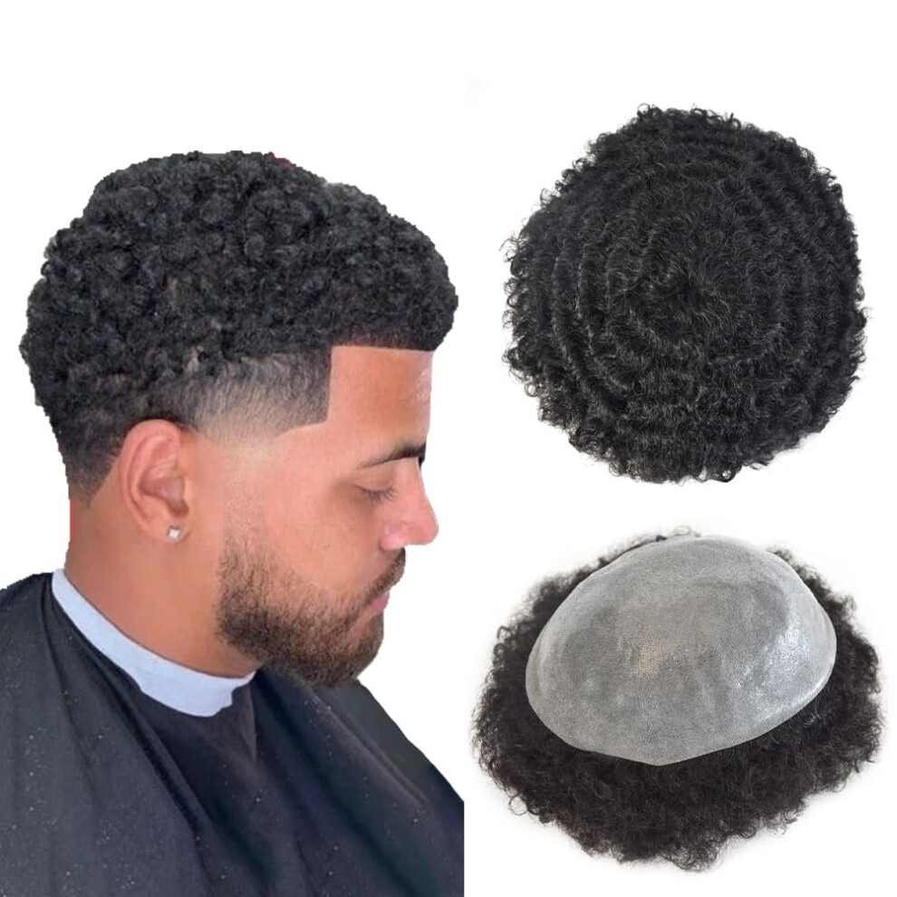 LYRICAL HAIR Afro Curly Mens Toupee 10x8 Full Poly African American Human Hair Systems All Skin PU Hairpiece Replacement for Black Men Kinky Curly Wig