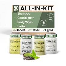 Terra Pure Green Tea toiletartikler | 1-Shoppe-faciliteters?t | 1 oz Shampoo & Conditioner Body Wash Lotion | Rejsest?rrelse | 80 stk
