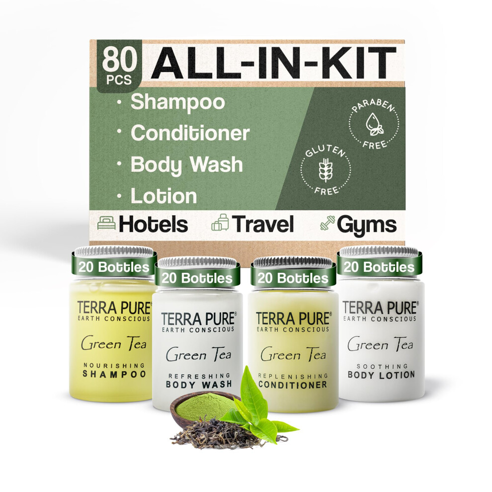 Terra Pure Green Tea Toiletries Set | 1-Shoppe Amenities Kit | 1Oz Shampoo & Conditioner Body Wash Lotion | Travel Size | 80 Pieces
