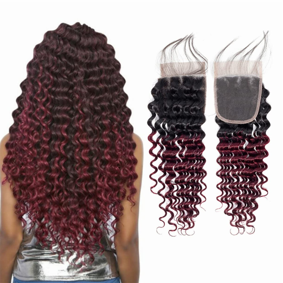 Brasilianisches Ombre 1B 99J Deep Wave 4X4 Lace Closure, 100 % Unbehandeltes Echthaar, Burgunderrot, Tief Gelockt, Weinrot, Vorgezupfter Haaransatz, 2-image