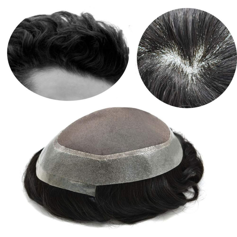 Unisex Black Toupee For Men Fine Mono Mens Toupee Human Hair System For Men Clear Poly Skin Around Mens Hairpiece (#1B Natural /Off 6""""X8"""")