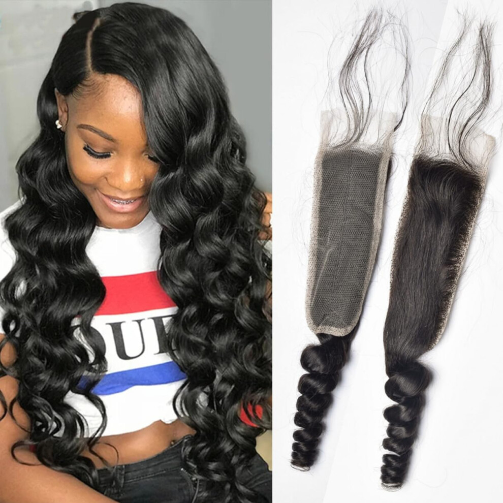 Rewcoin Unisex Brazilian Loose Wave 2X6 Lace Closure 100% Unprocessed Human Virgin Hair Pre Plucked Loose Deep Wave Pre-Plucked Hairline Frontal Closure Natural Blac