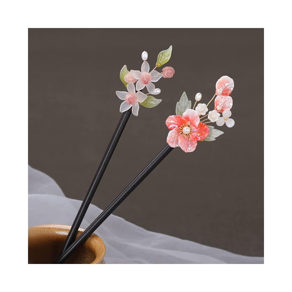 Rabithenn Lot De 2 BâTons à Cheveux En Bois Style Chinois, Style RéTro, Avec Pompon, Fait à La Main, Pour Femmes Et Filles, Cheveux Longs (Fleur-image