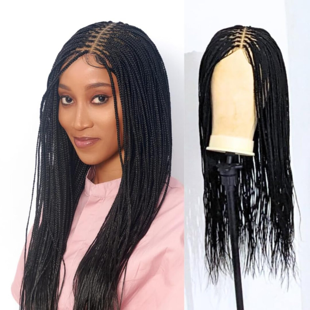 Wow Braids Box Braid Wig - Micro Knotless Braided Wigs For Black Women With 360 Glueless Full Swiss Lace Cap & Human Baby Hair Frontal Synthetic Lon