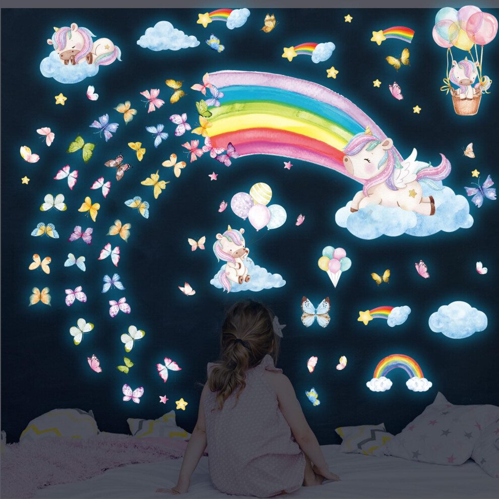 Hsdsh Glow In The Dark Large Rainbow And Unicorn Wall Decals Glowing Luminous Star Butterfly Wall Stickers Removable Rainbow Unicorn Decals For Girls Bedroo