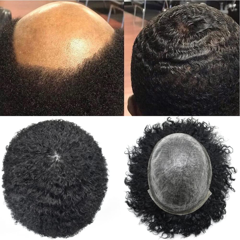 LYRICAL HAIR Afro Curly Mens Toupee African American Human Hair System Replacement 10X8 All Injected Poly Skin PU Afro Wavy 10MM Curl Hairpiece #1B Na